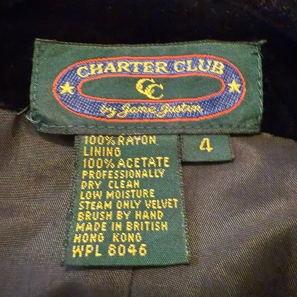 Vintage Charter Club Black Velvet Classic Holiday Blazer W/Covered Buttons Size4